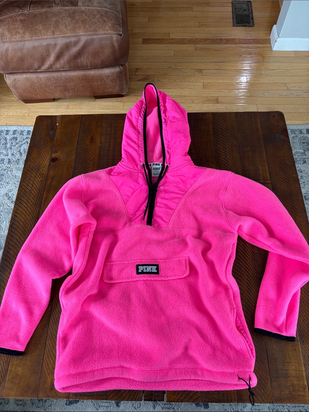 PINK Victoria's Secret Hot Pink Hooded Fleece Pullover Jacket